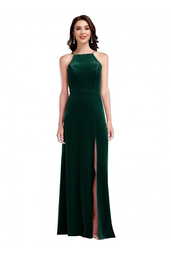 Compra Verde oscuro línea A Halter Cuello Alto Terciopelo Elástico Largo Vestidos de dama de honor / Vestidos de fiesta