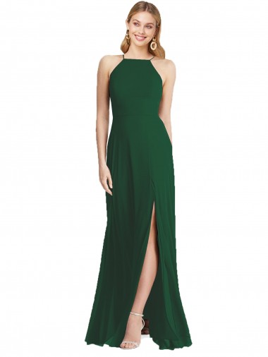 Verde oscuro línea A Tirantes espagueti Cuello Alto Gasa Largo Vestidos de dama de honor Baratos