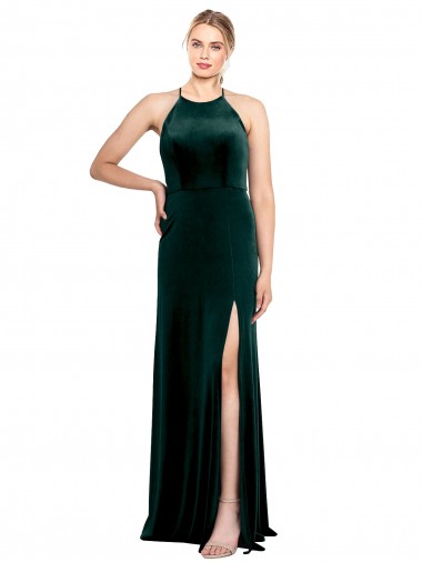 Verde oscuro línea A Tirantes espagueti Cuello joya Terciopelo Elástico Largo Vestidos de dama de honor / Vestidos de fiesta Baratos