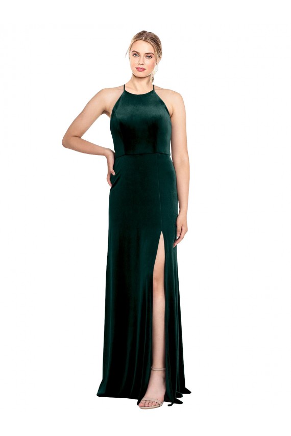 Compra Verde oscuro línea A Tirantes espagueti Cuello joya Terciopelo Elástico Largo Vestidos de dama de honor / Vestidos de fiesta