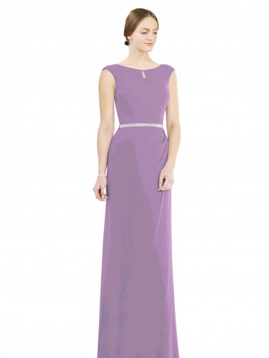 lavanda oscura línea A Cuello Barco Cuello Alto Gasa Largo Vestidos de dama de honor Baratos