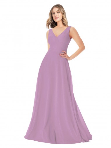 lavanda oscura línea A Cuello en V Gasa Largo Vestidos de dama de honor Baratos