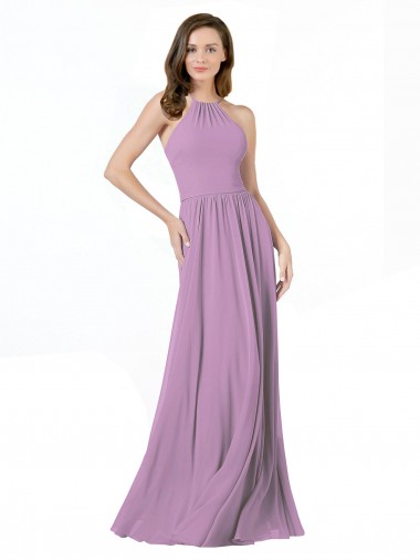 lavanda oscura línea A Halter Gasa Largo Vestidos de dama de honor Baratos