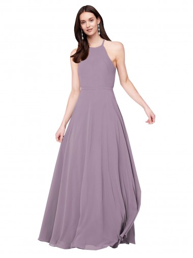 lavanda oscura línea A Halter Gasa Largo Vestidos de dama de honor Baratos