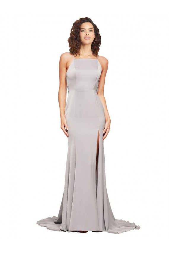 Compra línea A Cuello Alto Barrer tren Satén elástico Largo Formales Vestidos de dama de honor / Vestidos de fiesta