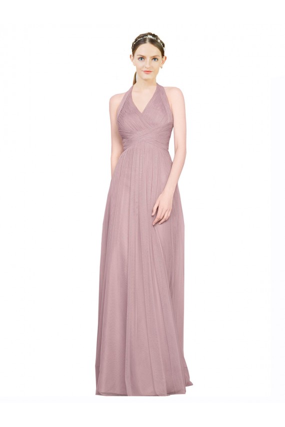 Compra línea A Halter Cuello en V Tul Largo Vestidos de dama de honor