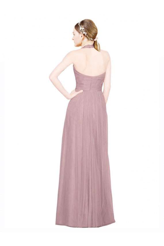 Compra línea A Halter Cuello en V Tul Largo Vestidos de dama de honor