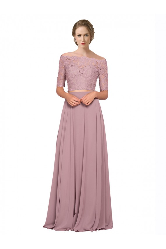 Compra línea A Hombros Descubiertos Gasa Encaje Largo Vestidos de dama de honor / Vestidos de fiesta